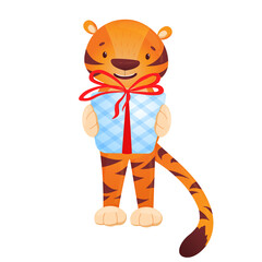 Cartoon tiger holding a gift box isolated on white background. Vector tiger cub gives. Symbol of 2022. New Year's holidays. Vector drawing in a flat style on a white background