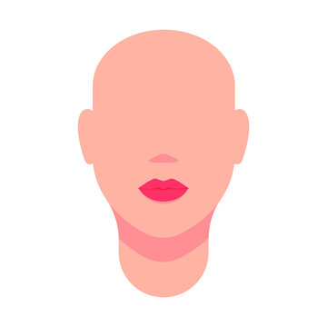 Woman's head and neck model. Red lips, ears, no eyes, no hair. Vector illustration, flat minimal cartoon color design, isolated on white background, eps 10.