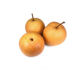 Snow pear or Fengsui pear on white background, Korea pear fresh fruit with slices isolated on white background. Fresh ripe apple pears. Asian pear.