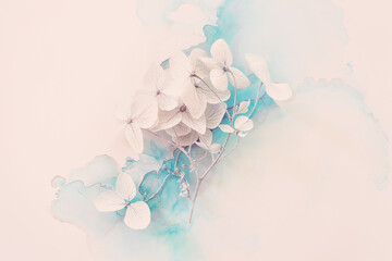 Creative image of pastel blue Hydrangea flowers on artistic ink background. Top view with copy space