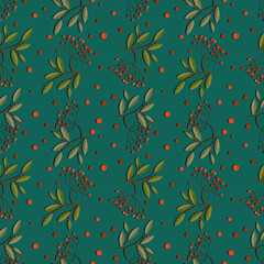 Vector paper cut seamless pattern with  leaves and rowan berries. Minimalistic graphic drawing. Design for textile, paper, background