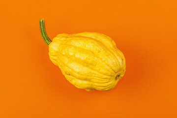 Ripe yellow pumpkin isolated on bright orange background