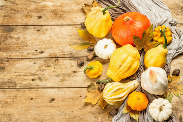 Colorful pumpkins and squash collection on wooden background