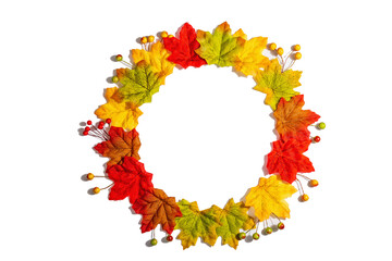 Autumn frame composition, isolated on white background. A wreath from colorful maple leaves