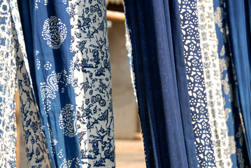 Wuzhen Water Town, Zhejiang Province, China. Indigo blue and white printed calico - a traditional...