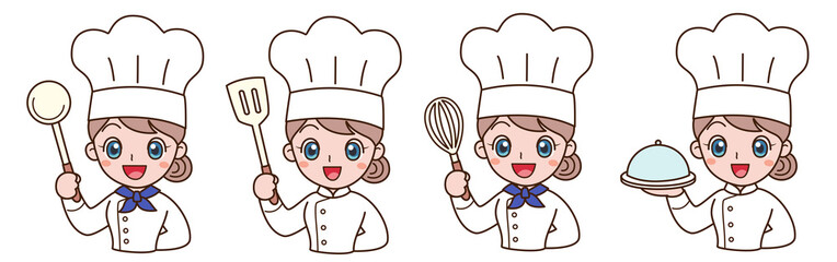 Female chef holding different cooking tools.