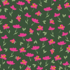 Seamless vintage pattern. Marvelous fuchsia pink flowers and green leaves on a dark green background. vector texture. fashionable print for textiles.