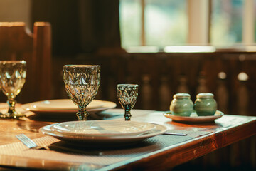 Closeup of drinking glass and reserved table in restaurant with windows behind