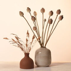 Vases with dried plants - 471107484