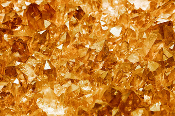 Cluster of golden quartz mineral crystals