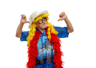 Happy old comedian shows thumb up.