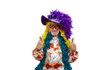 Happy old comedian shows thumb up.