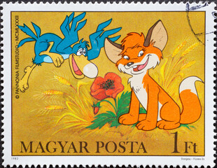 HUNGARY - CIRCA 1982: A post stamp printed in Hungary showing a cartoon with Fox and a bird
