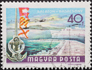 HUNGARY - CIRCA 1968: A post stamp printed in Hungary showing the landscape at Lake Balaton at...