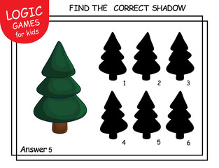 Find the correct shadow the Tree. Cute cartoon new year tree. Educational matching game for child with fir, pine or spruce. Task with answer. Logic learning worksheets for kids school or kindergarten.