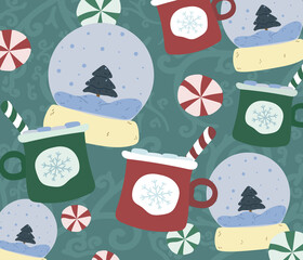 Christmas seamless pattern with snowballs, cups of cocoa and lollipops. Vector Template illustration background card. Cartoon style.