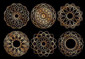 Spirograph patterns set. Twisted lines abstract shapes. Guilloche frames for certificate, diploma, money, official documents watermarks. Guilloche pattern, intricacy line elements, spirograph shapes
