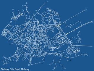 Detailed technical drawing navigation urban street roads map on blue background of the district Galway City East Electoral Area of the Irish regional capital city of Galway City, Ireland