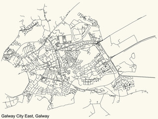 Detailed navigation urban street roads map on vintage beige background of the district Galway City East Electoral Area of the Irish regional capital city of Galway City, Ireland