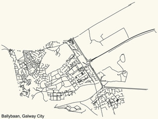 Detailed navigation urban street roads map on vintage beige background of the district Ballybaan Electoral Area of the Irish regional capital city of Galway City, Ireland