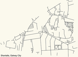 Detailed navigation urban street roads map on vintage beige background of the district Shantalla Electoral Area of the Irish regional capital city of Galway City, Ireland