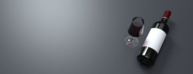 bouteille de vin et verre de vin sur fond gris