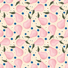 Fruit seamless pattern with pears and blossom. Girly pink background for textile, fabric, decorative paper. Cartoon raster