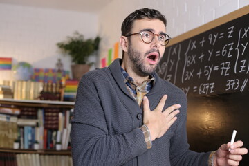 Shocked looking teacher in classroom
