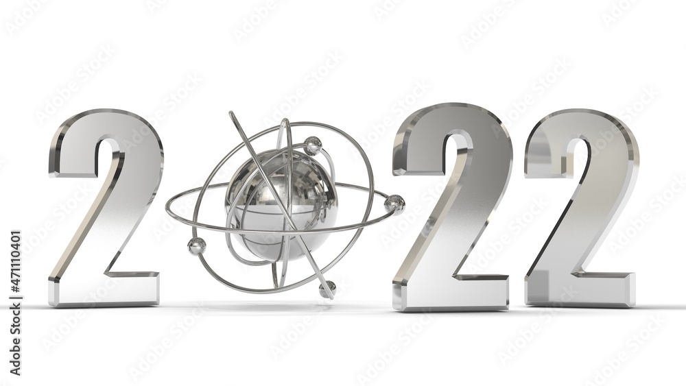 Poster 3d rendering of the date 2022 with an atom model instead of zero. the idea of the future of nuclear 