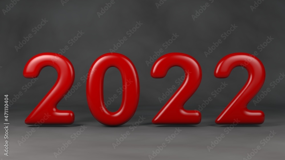Poster 3d rendering of the date 2022. the text 2022 is red in the studio with shadows. composition for cale