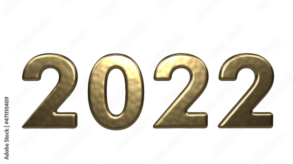 Poster 3d rendering of the golden date of 2022, isolated on a white background.