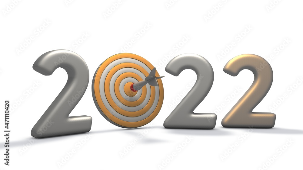 Poster 3d rendering of the silver date of 2022. instead of zero, a target made of silver and gold with a da