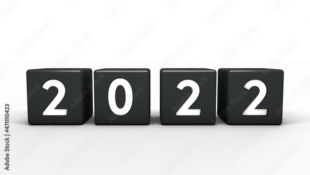 Poster 3d rendering of the date of the new year 2022 laid out of cubes with the right numbers. the cubes ar