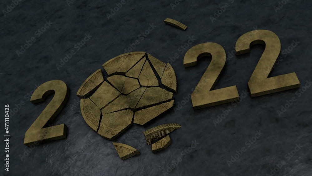 Poster 3d rendering of the tarnished date of the 2022 new year with a broken bitcoin coin on a black, coal 