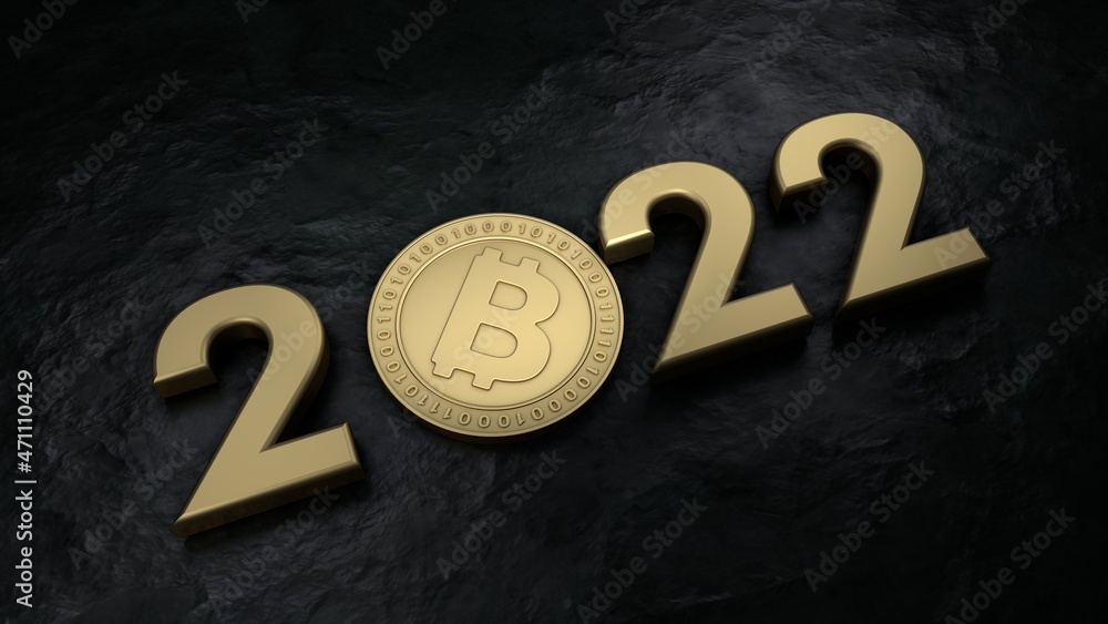 Aufkleber 3d rendering of the golden date of the 2022 new year with a bitcoin cryptocurrency coin on a black, 