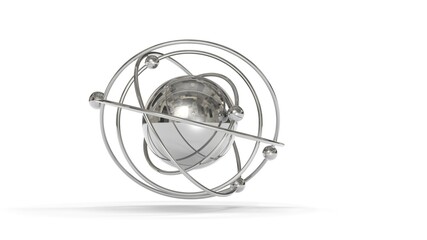 3d rendering of a steel, chrome-plated atom, a model of an atom with electrons and orbits. Isolated on a white background.