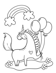 Happy Birthday unicorn with balloons. Cute unicorn illustration for coloring book.