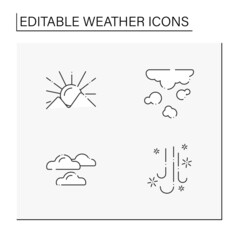 Weather line icons set. Sunrise and sunset, smog, cloudy and scattered snow. Meteorology concept. Isolated vector illustrations. Editable stroke
