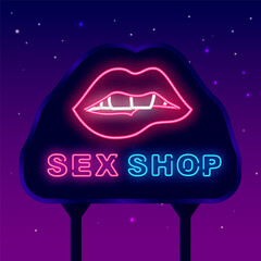Sex shop neon street billboard. Biting woman lips. Night bright promotion. Intimate items store. Vector illustration
