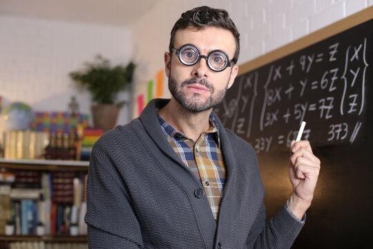 Goofy science teacher wearing bifocals