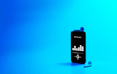 Music background. Mobile smartphone screen with music application, sound headphones. Audio voice...