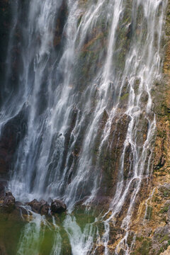 Detail Of Famous Waterfall Slap Boka On Sunny Summer Day In Julian Alps In Triglav National Park, Slovenia