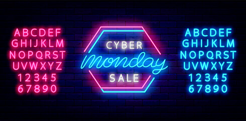 Cyber monday sale neon sign with blue, pink alphabet. Luminous logo with frame. Isolated vector stock illustration