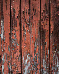 Old Rough Painted Wooden Garage Door. Red Paint Peeling off the Wooden Panels. Close up. Weathered...