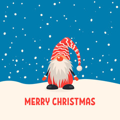 Merry Christmas Postcard. Vector Christmas Cute Gnome with Caps in Flat Style. Design Template for Merry Christmas and Happy New Year Card. Cartoon Kids Character - Funny Gnome