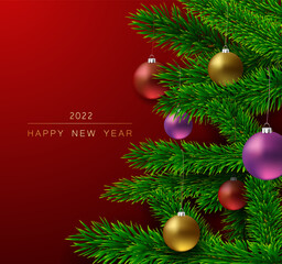 Happy New Year Christmas 2022 Gradient Red Background With Christmas Tree And Colorful Shiny Toys Balls. Winter Seasonal Traditional Xmas Party Banner Card. Green fir New year layout. Vector