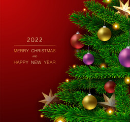Happy New Year Christmas 2022 Gradient Red Background With Christmas Tree And Colorful Shiny Toys Balls. Winter Seasonal Traditional Xmas Party Banner Card. Green fir New year layout. Vector