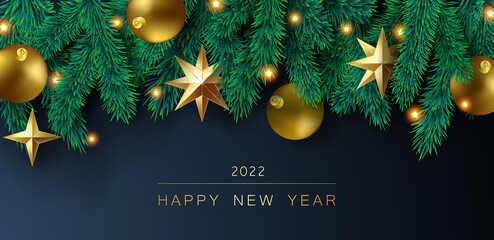 Happy New Year Christmas 2022 Gradient Red Background With Christmas Tree And Colorful Shiny Toys Balls. Winter Seasonal Traditional Xmas Party Banner Card. Green fir New year layout. Vector