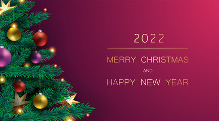 Happy New Year Christmas 2022 Gradient Red Background With Christmas Tree And Colorful Shiny Toys Balls. Winter Seasonal Traditional Xmas Party Banner Card. Green fir New year layout. Vector