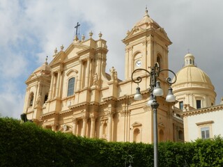 Fototapeta na wymiar Noto, Sicily, Cathedral, Oblique View with Dome